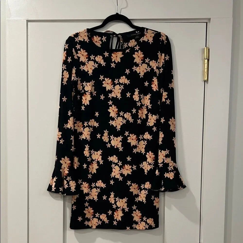 Cynthia Steffe Black Dress with Peach Floral Design, Size S/P